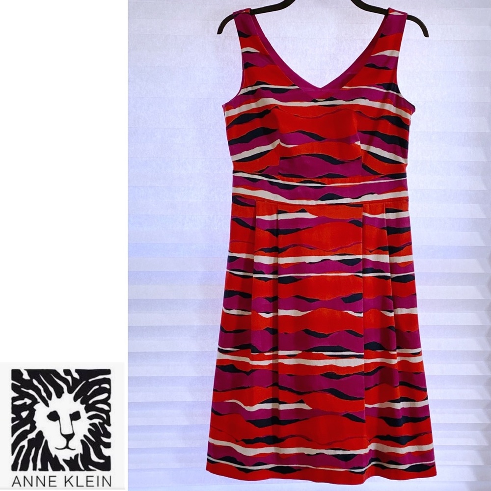 Ann Klein abstract stripe side zip cotton summer dress - size 6 Petite